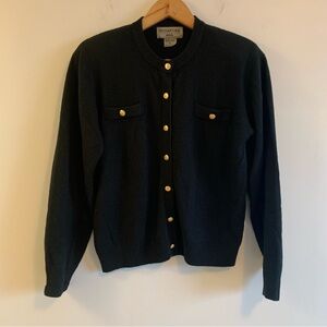 Vintage Signature Black Cardigan Sweater with Gold Metal Buttons